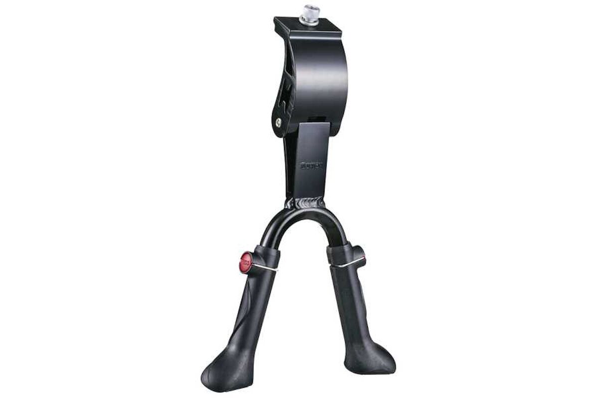 Caballete doble central KS-35 en aluminio negro, ajustable para bicicletas de 24" a 28". Máxima estabilidad para bicis urbanas, trekking y e‑bike. Compra online.
