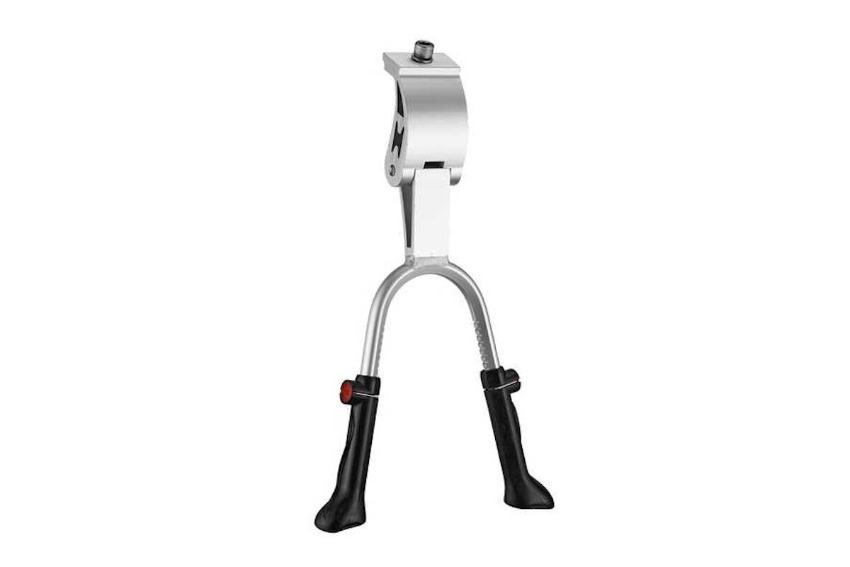 Caballete doble central KS-35 en aluminio negro, ajustable para bicicletas de 24" a 28". Máxima estabilidad para bicis urbanas, trekking y e‑bike. Compra online.