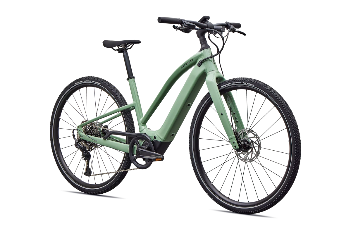Specialized Turbo Vado SL 2 4.0 Step-Through 2027 con motor Specialized SL 1.2, batería integrada 520 Wh, Future Shock 3.1, pantalla Mastermind H3, frenos hidráulicos y neumáticos Hemisphere 700x47 con flancos reflectantes, Color: Gloss Pistachio / Oak Green Metallic Frost Reflective