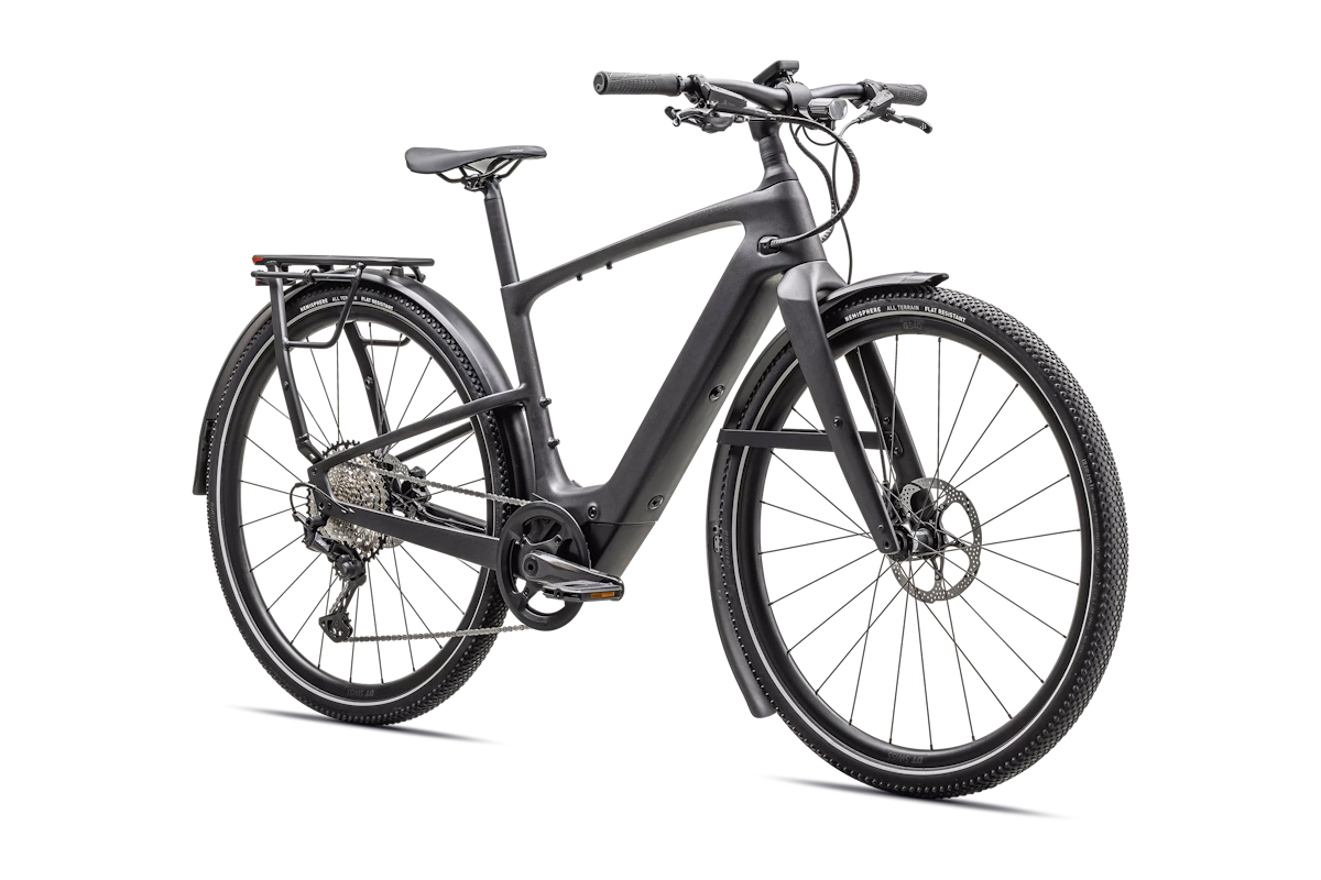commuting con motor SL 1.2 de 320W, batería 520Wh, Future Shock 3.2, portabultos MIK y guardabarros Color: Satin Black Micro Speckle / Obsidian Frost