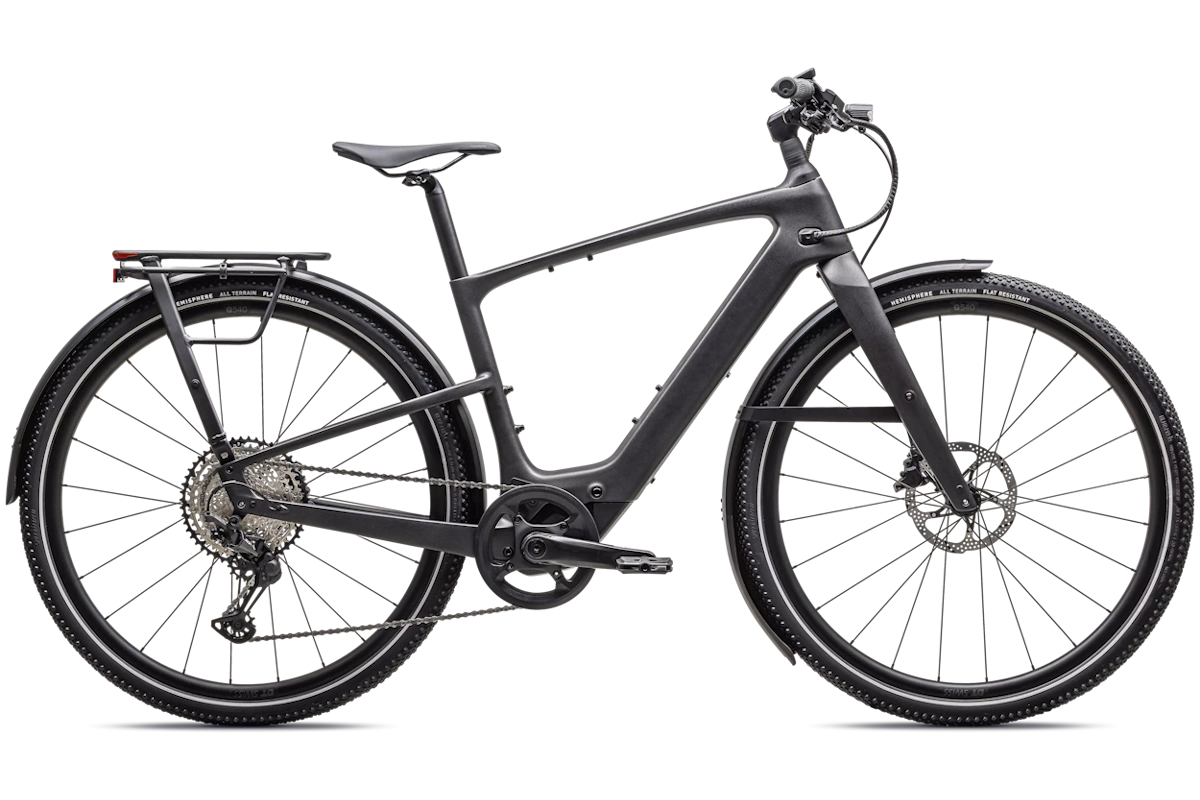 commuting con motor SL 1.2 de 320W, batería 520Wh, Future Shock 3.2, portabultos MIK y guardabarros Color: Satin Black Micro Speckle / Obsidian Frost