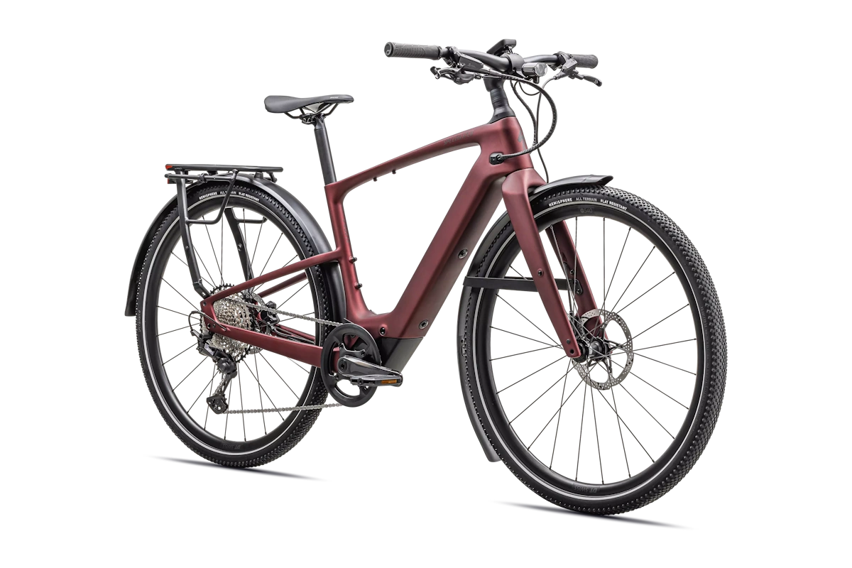 commuting con motor SL 1.2 de 320W, batería 520Wh, Future Shock 3.2, portabultos MIK y guardabarros Color: Satin Red Sky / Red Onyx Frost