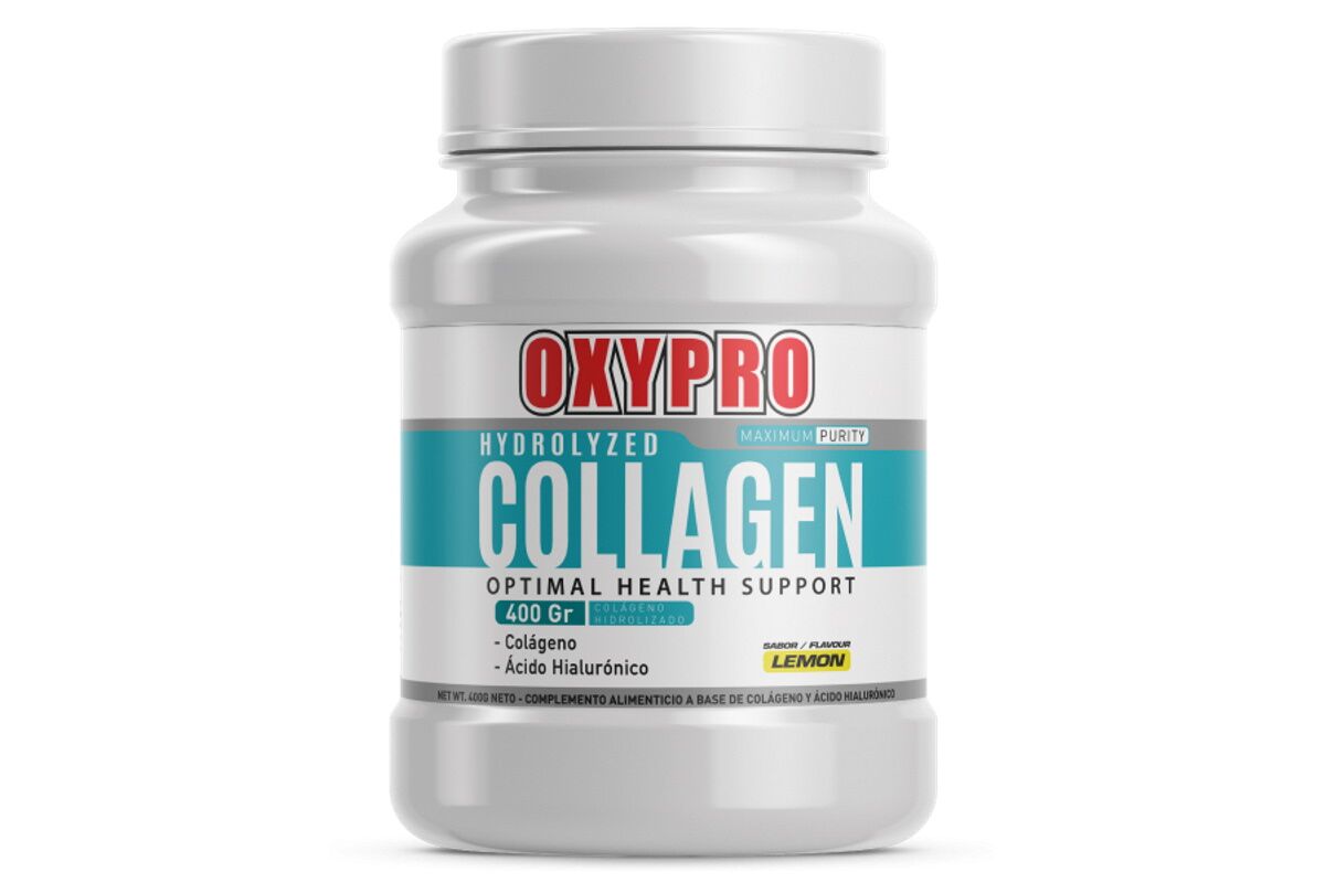 Bote de colágeno hidrolizado Oxypro 400g con ácido hialurónico y magnesio sabor limón