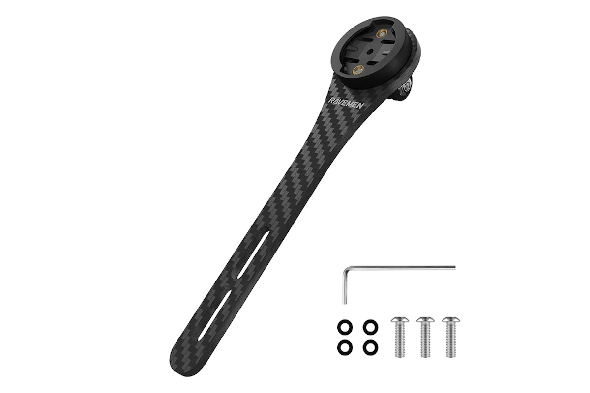 Soporte aero Ravemen AOM03 de carbono para Garmin en manillar integrado con adaptador GoPro para luz o cámara