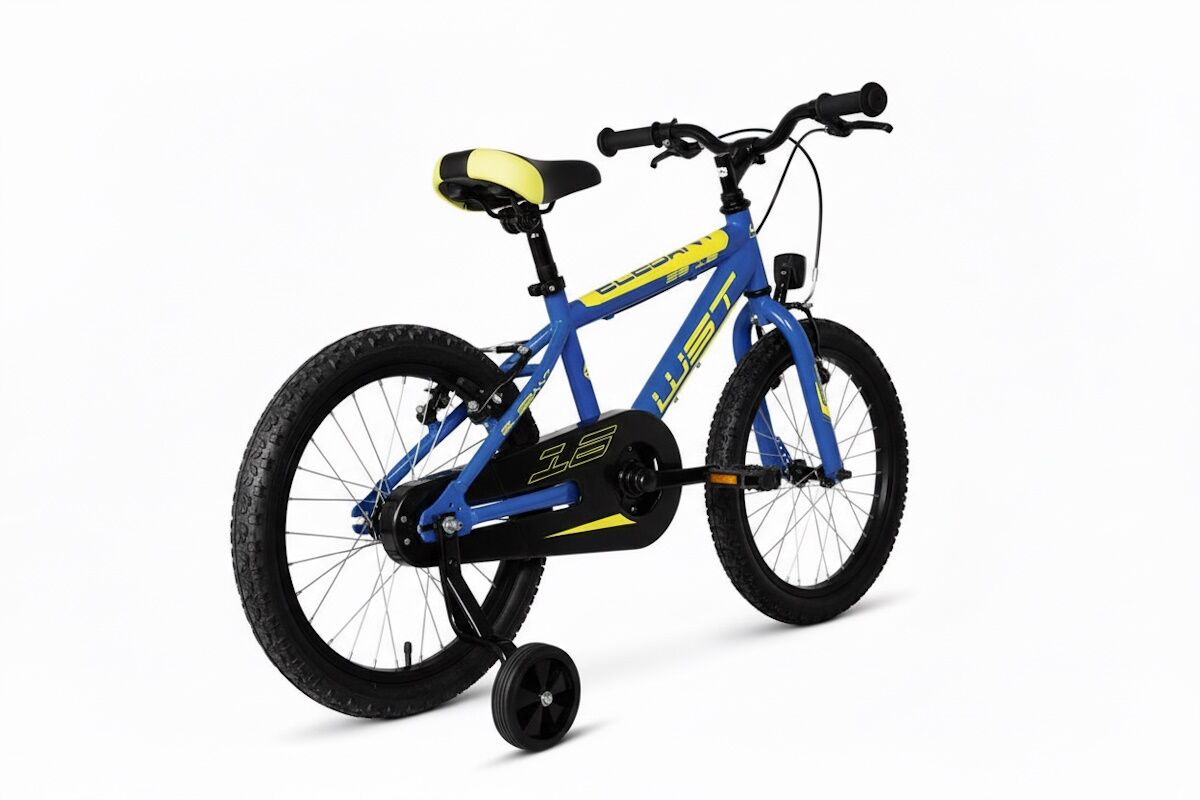 Bici infantil Azul Boca Junioir WST 18" segura y reparable. Ruedas aluminio, V‑Brake y estabilizadores