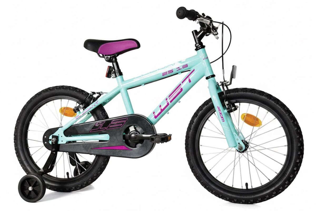 Bici infantil WST 18" segura y reparable. Ruedas aluminio, V‑Brake y estabilizadores