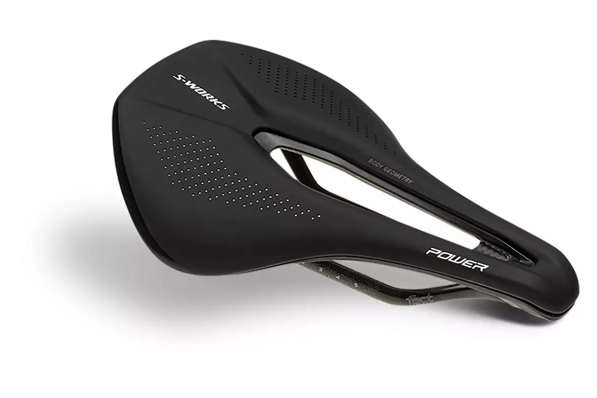 "Sillín Specialized S-Works Power con diseño Body Geometry, carcasa y raíles de carbono FACT ultraligeros, acolchado PU superligero, ideal para ciclismo de carretera y montaña."