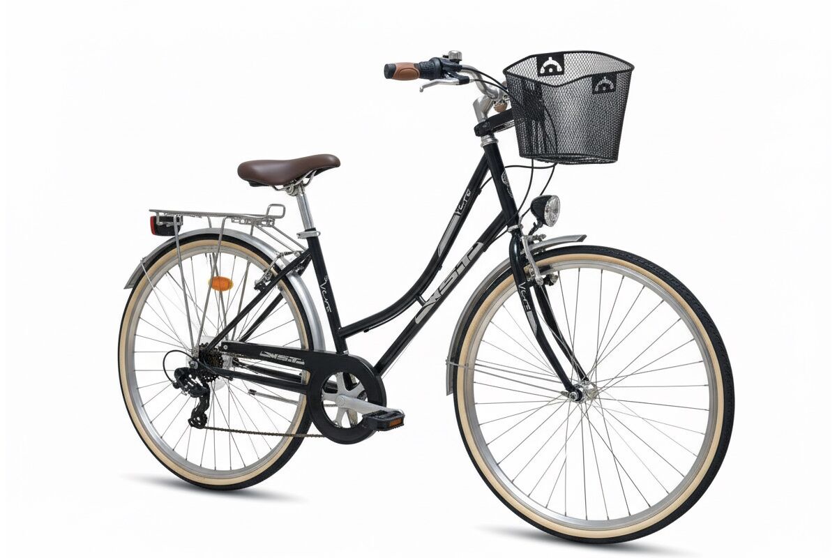 Bici de paseo WST Vera 28″ estilo vintage con 6V, V‑Brake, llantas semi perfil y cesta. Luces, guardabarros y doble transportín incluidos. Confort urbano y mantenimiento sencillo. ¡Descúbrela!