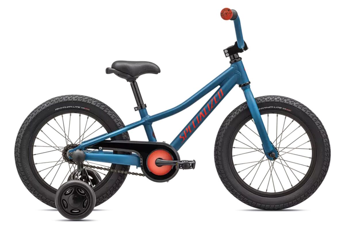 Bicicleta infantil marca premium Specialized Riprock Coaster 16, color azul, freno de contrapedal, neumáticos anchos y cuadro ligero.