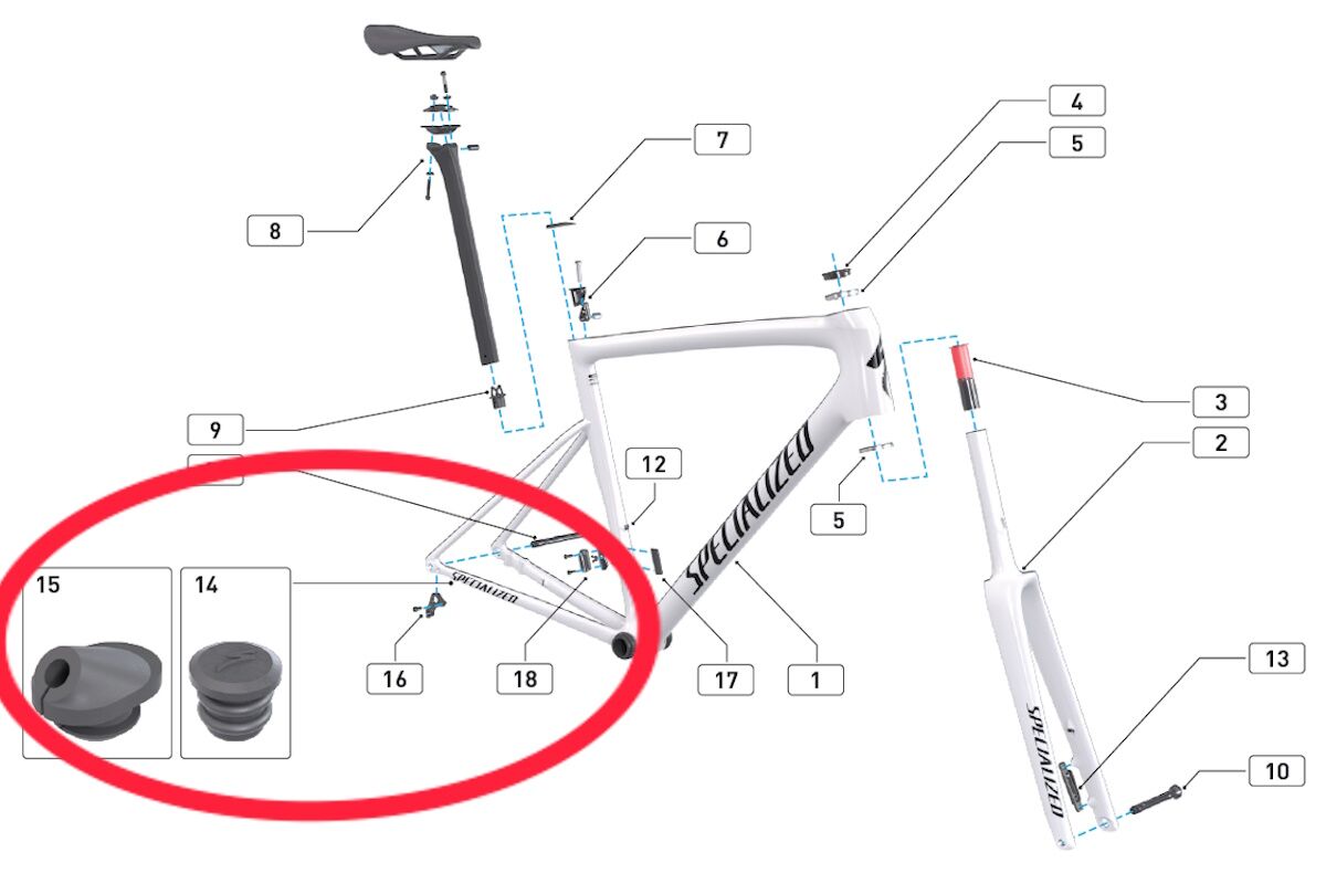 Ojal de goma de dirección S209900054 Specialized original, diseñado para enrutamiento interno de cables Di2 E-Tube, caucho de alta resistencia. esquema