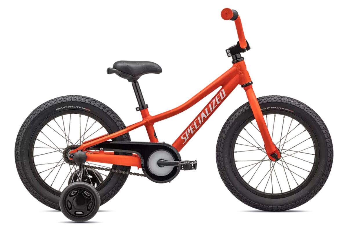 Bicicleta infantil Specialized Riprock Coaster 16, color naranja fuego, freno de contrapedal, neumáticos anchos y cuadro ligero.