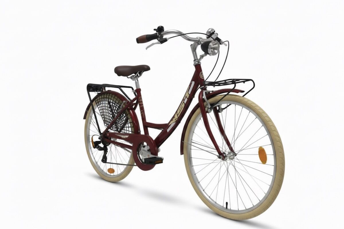Bici de paseo WST Sousse 26″ estilo vintage con 6V, V‑Brake y doble transportín. Luces, guardabarros y cubrecadenas incluidos. Confort urbano y mantenimiento sencillo. ¡Descúbrela!