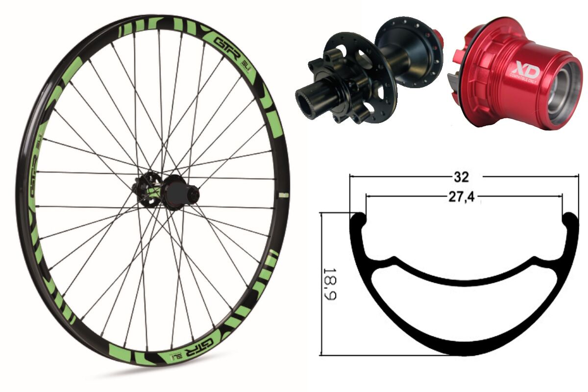 Rueda trasera aluminio MTB GTR SL27 27,5" Verde Disc 6 Tornillos Sram XD
