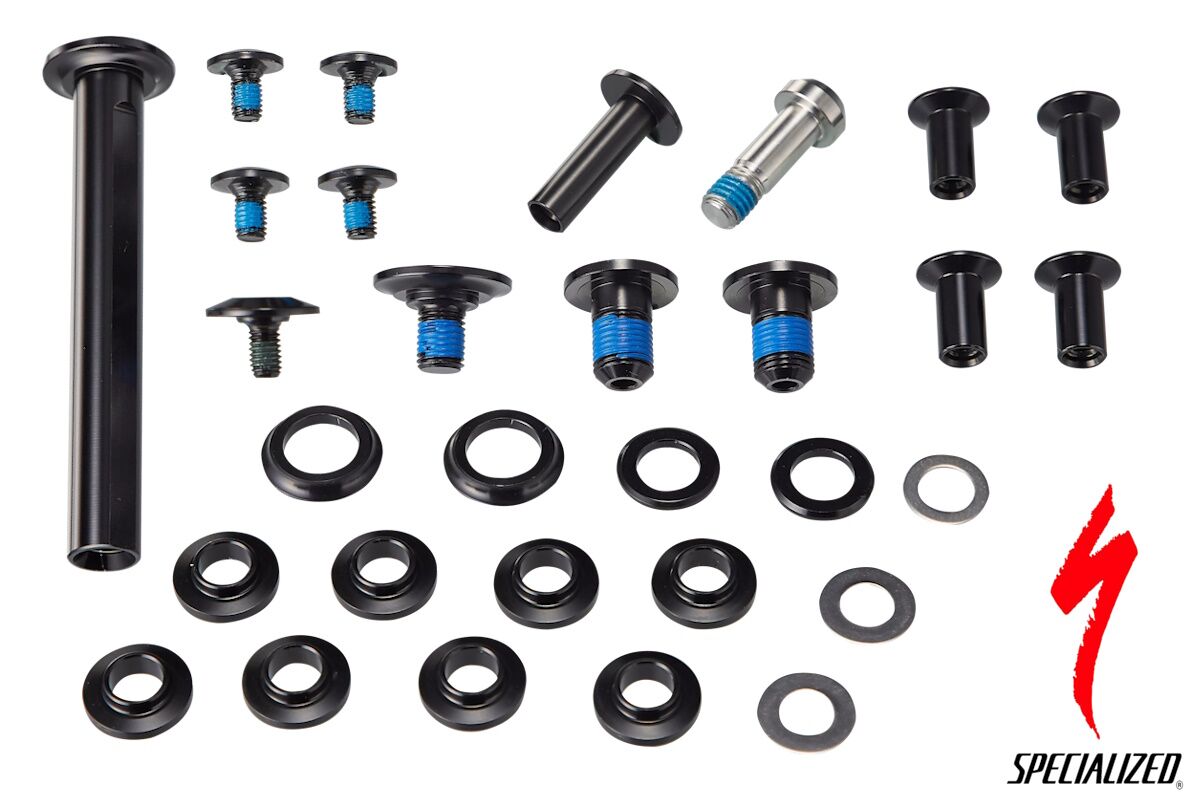 Kit pernos pivote suspensión Specialized Epic EVO 2021+ S200500003, recambio original con todos los pernos y espaciadores para restaurar el sistema de suspensión y garantizar un montaje seguro.