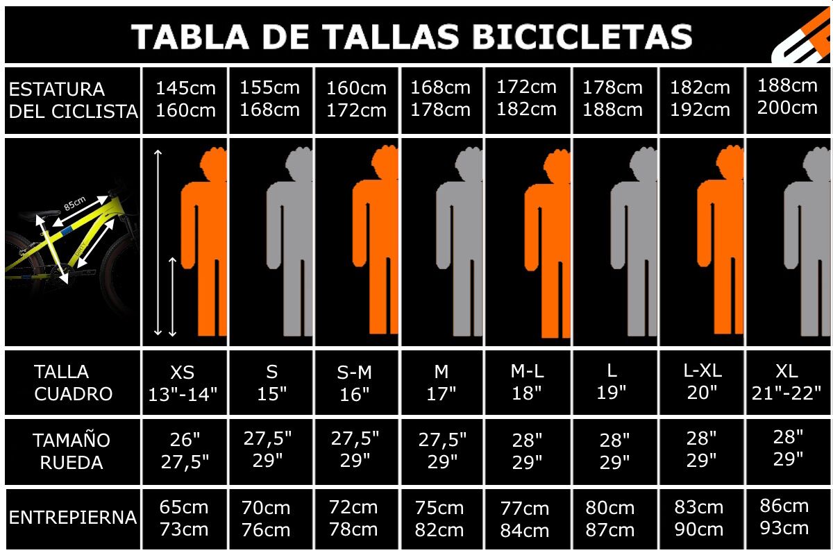 guia de tallas de bicicletas 26 pulgadas, 27,5 pulgadas, 28 pulgadas y 29 pulgadas, bici mtb, trekking