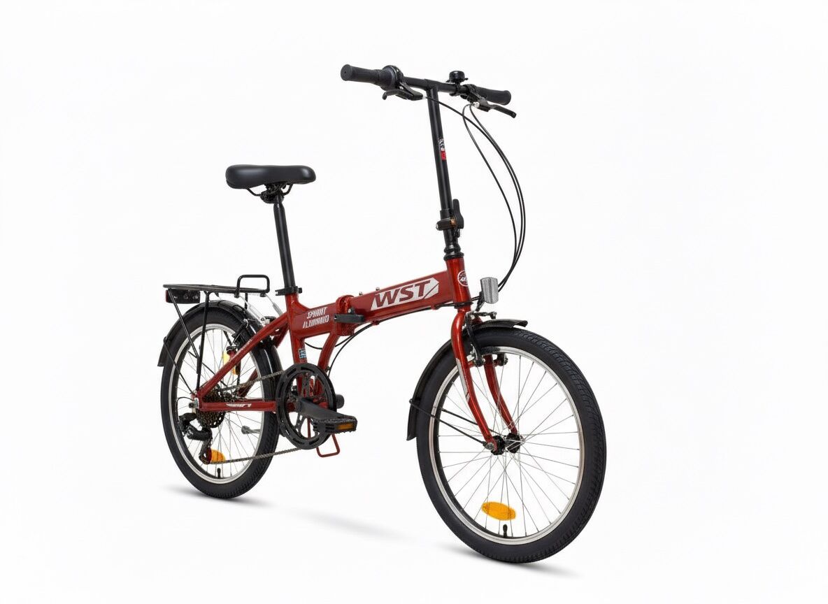 Bici plegable WST 20” aluminio con Shimano 6V, V‑Brake y transportín. Ligera, práctica y fácil de mantener. Ideal para ciudad. ¡Descúbrela!