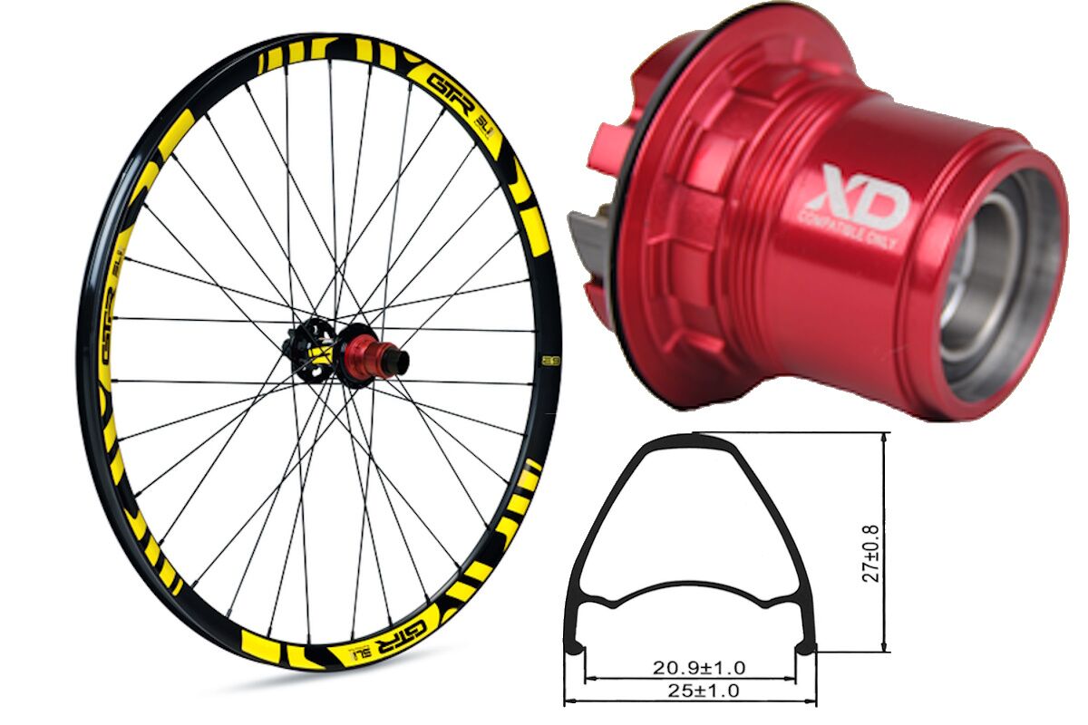 Rueda trasera aluminio MTB GTR SL20 29" Amarillo Disc 6 Tornillos Boost Sram XDR