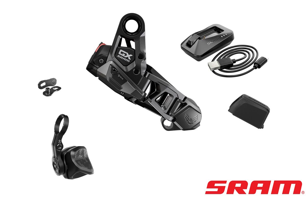 "Kit de actualización GX Eagle AXS de SRAM para MTB competitivo, incluye cambio inalámbrico, batería AXS y controlador de cápsulas, ideal para mejorar el rendimiento en ciclismo de montaña."