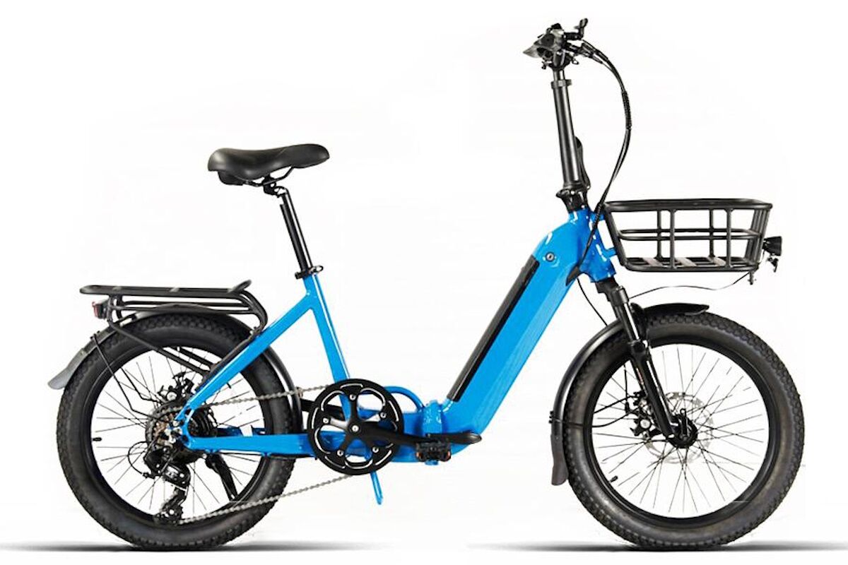 Ebike plegable JL‑Wenti 20" con cuadro de aluminio, motor trasero Ananda 36V 250W, batería 36V 11,6Ah, frenos de disco Tektro y cubiertas Kenda 20x2.35. Suspensión delantera y display LCD.