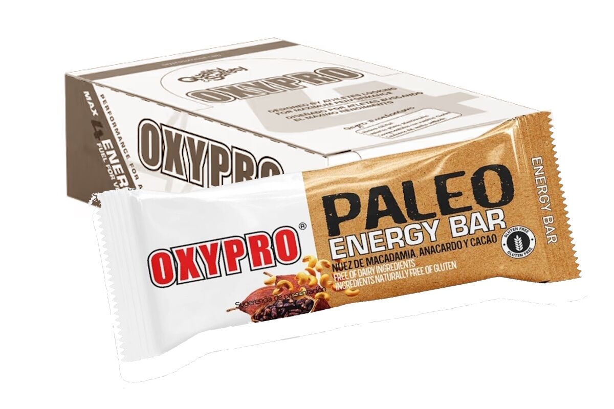 Barrita Oxypro Paleo Energy Bar de macadamia, anacardo y cacao.