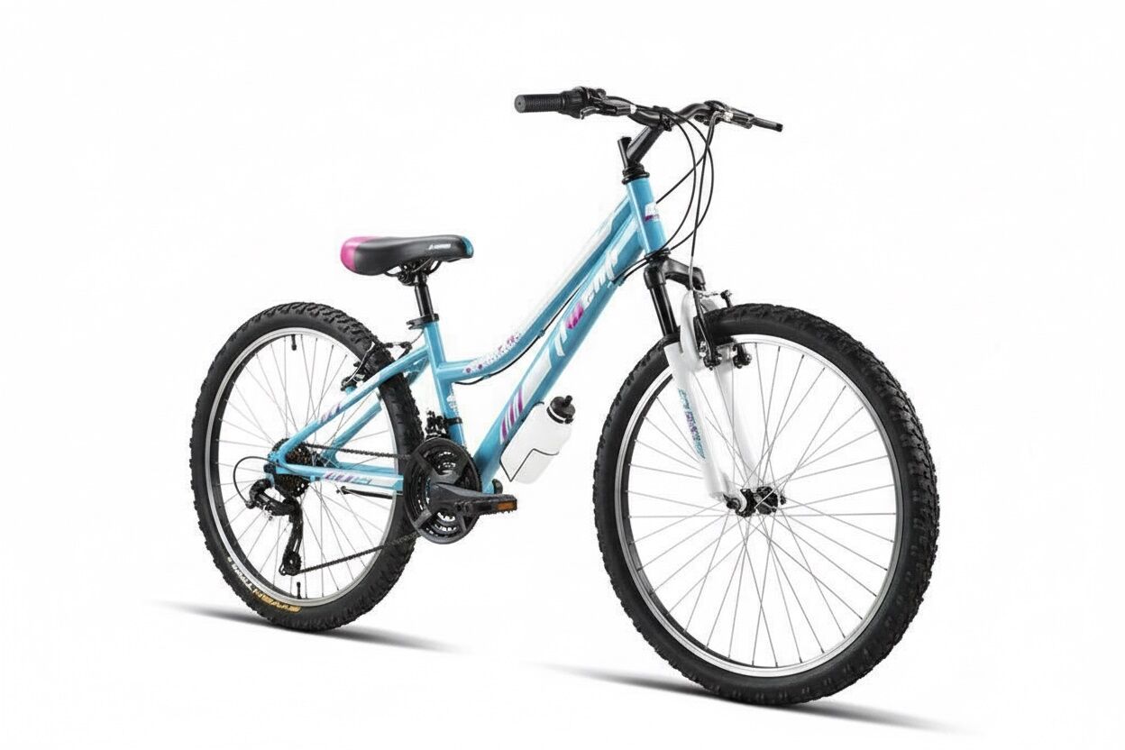 Bicicleta de paseo con barra baja y suspension delantera de 26 pulgadas de color celeste