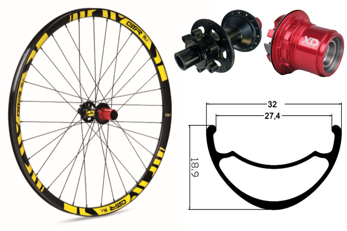 Rueda trasera aluminio MTB GTR SL27 29" Amarillo Disc 6 Tornillos Boost Sram XD