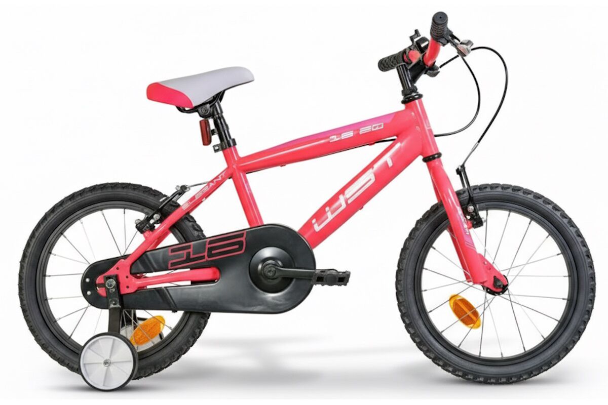Bici infantil fucsia WST 16" segura y reparable. Ruedas aluminio, V‑Brake y estabilizadores
