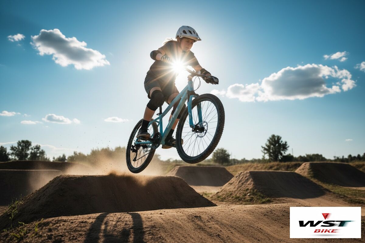 chica biker saltando en bikeparc con su bicicleta de montaña de aluminio WST Cosmo de 24 pulgadas