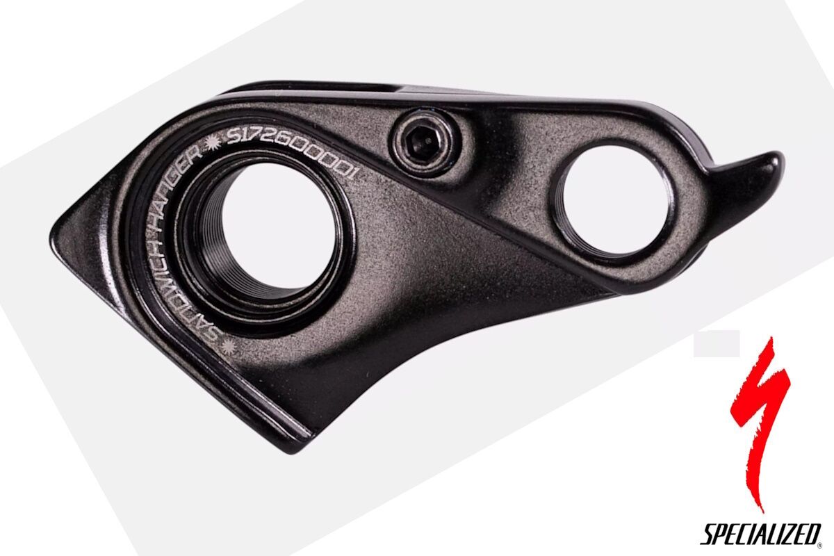 Patilla de cambio Specialized S172600001 para eje pasante, diseño tipo "Sandwich", anodizado negro y tornillo de montaje incluido.