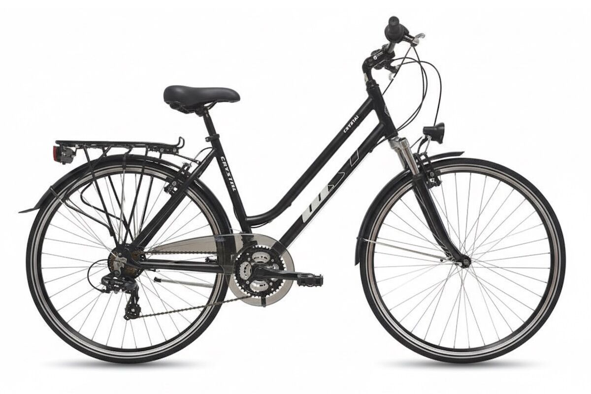 Bici urbana WST Crystal 28″ con cuadro de aluminio, suspensión y Shimano 3x7. Potencia regulable y llantas doble pared. Confort y mantenimiento sencillo. ¡Descúbrela!