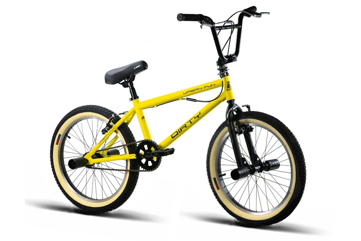 BMX 20 Arena Freestyle amarilla con llantas de aluminio, rotor 360º y posapiés de trucos.