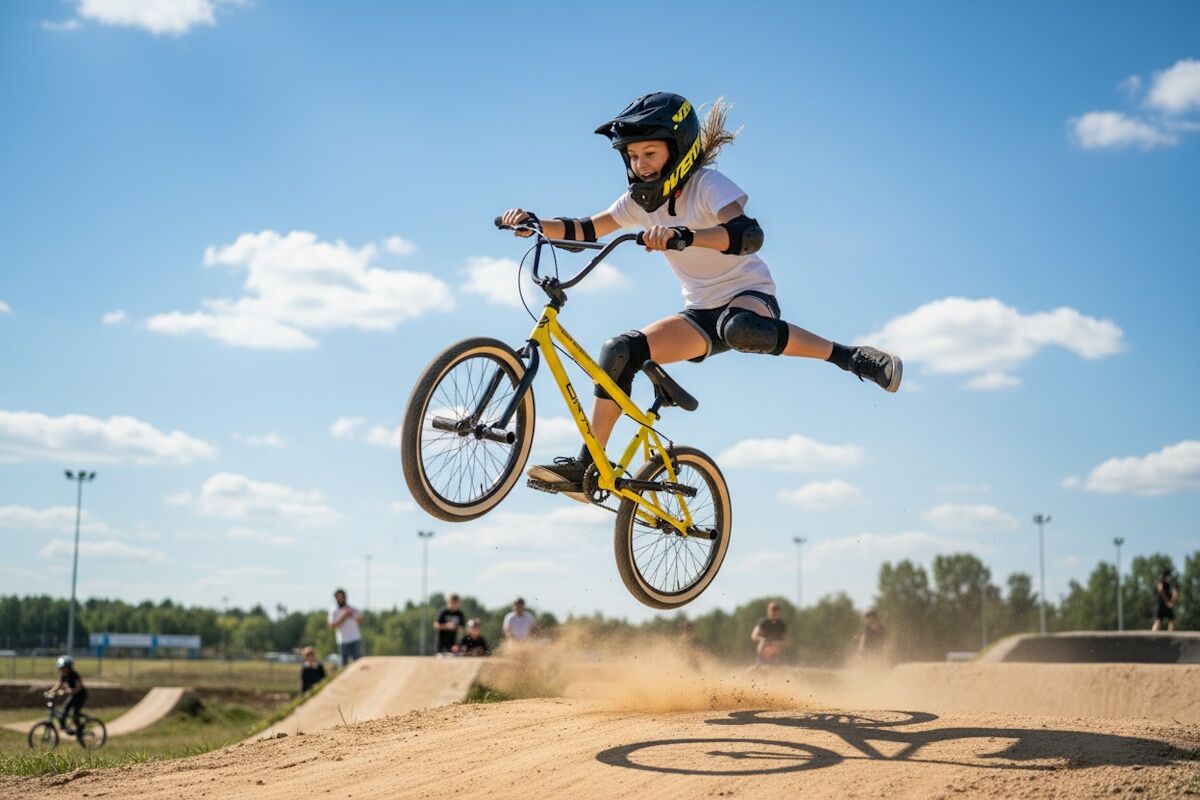 niña en bmx en bikepark haciendo truco freestyle